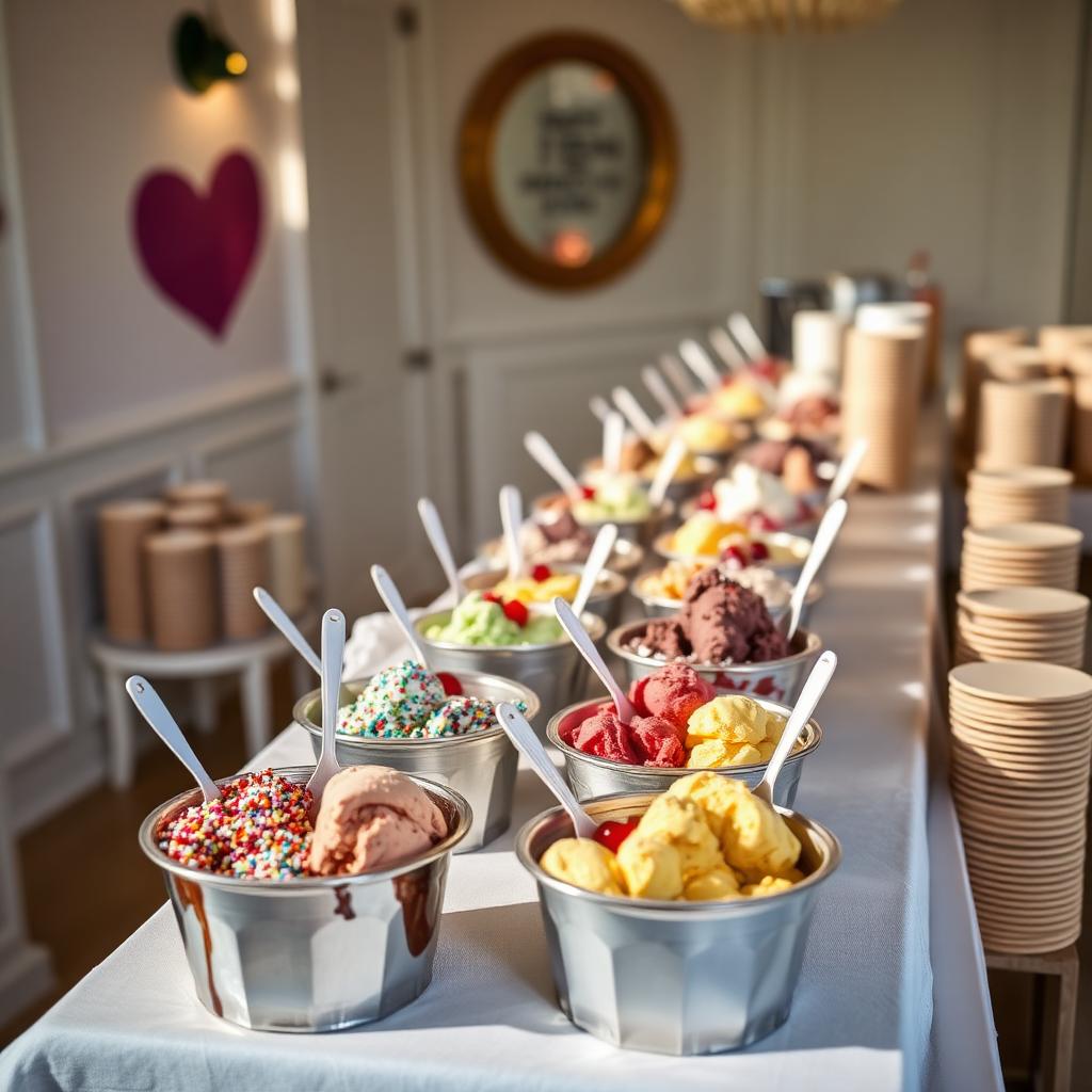 Ice cream catering setup with tubs of flavors and a toppings bar