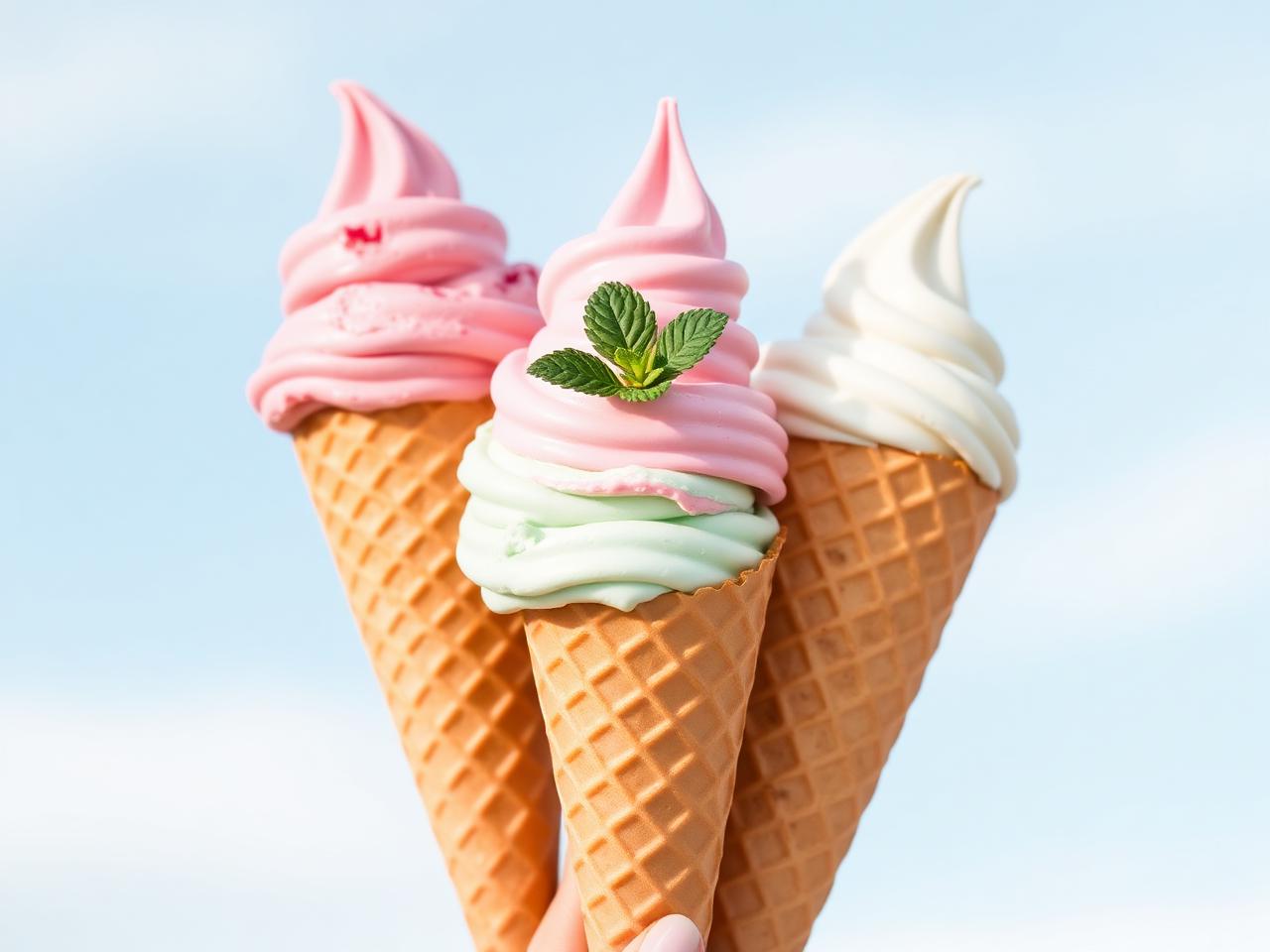 Three ice cream cones held up against a soft blue sky